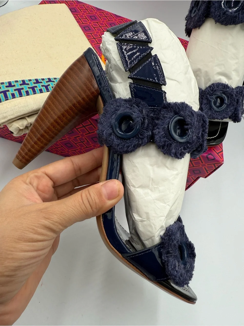 Tory Burch Navy Floral-Appliqué Wedge Sandals